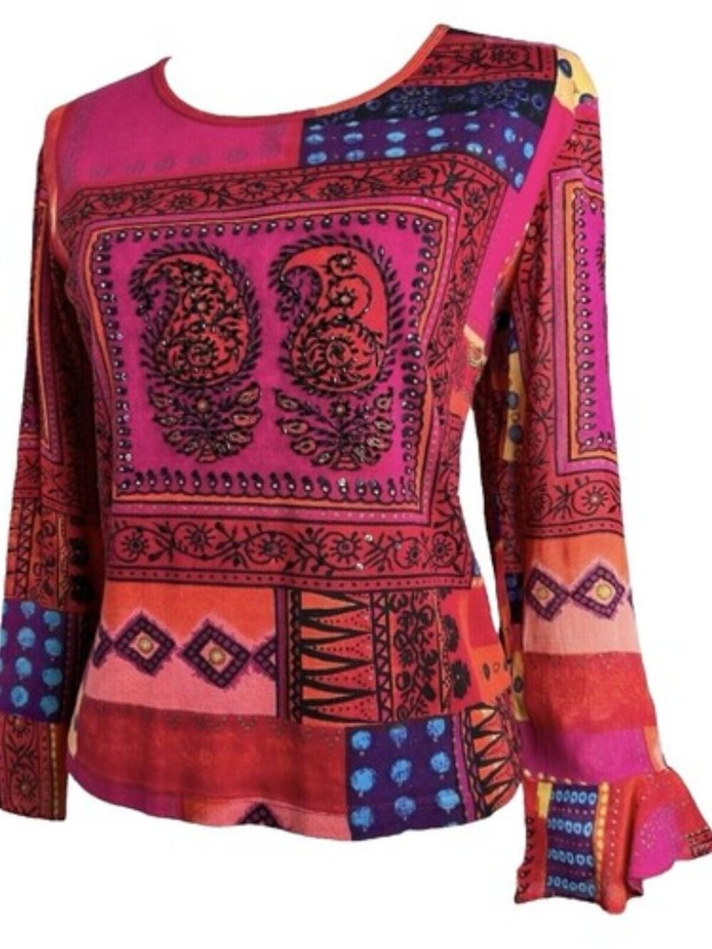 VTG Pink Colorful Abstract Art To Wear Beaded Paisley Sheer Bell Sleeve Top